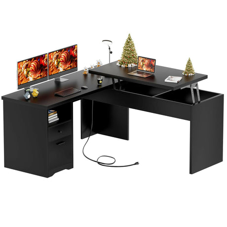 Unikito Lift Top L Shaped Desk with Drawer, Large Office Desk with Power Outlets and USB Charging Ports, Sturdy Corner Computer Desk Writing Table with Storage, L Shape Standing Desk
