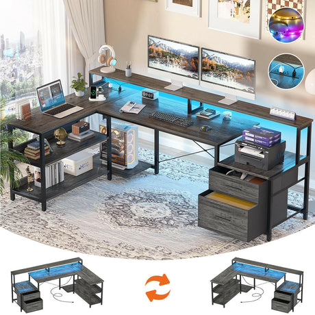 Unikito L Shaped Desk with File Drawer, 66" Reversible L Shaped Computer Desk with Power Outlet & LED Strip, Gaming Desk with Long Monitor Stand, Office Desk Corner Desk with Storage Shelf