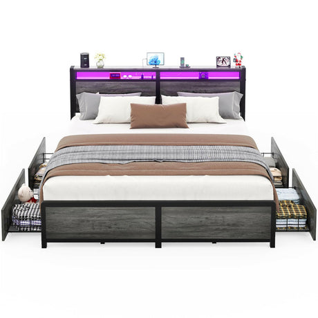 Unikito King Size Bed Frame with 4 Storage Drawers and Charging Station, Sturdy Platform Bed with Storage Headboard and LED Light, No Box Spring Needed, Easy Assembly