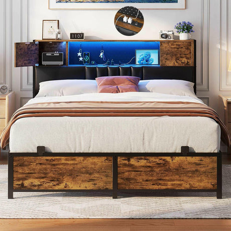 Unikito Full Size Bed Frame with LED Light and Upholstered Storage Headboard, Metal Platform Full Bed Frame with Charging Station, No Box Spring Needed, Easy Assembly, Noise-Free