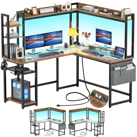 Unikito L Shaped Desk with Power Outlet, L Shaped Gaming Desk with Led Light & Hutch, Reversible Home Office Desk, Corner Computer Desk Writing Desk with Monitor Stand & Storage Shelves