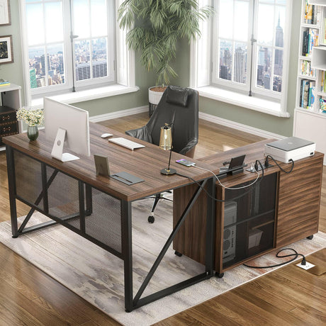 Unikito L Shaped Executive Desk and Mobile Lateral File Cabinet, 55 Inch L Shaped Office Desk with Power Outlet and Cable Management, Large Computer Table with Drawers and Storage Shelves