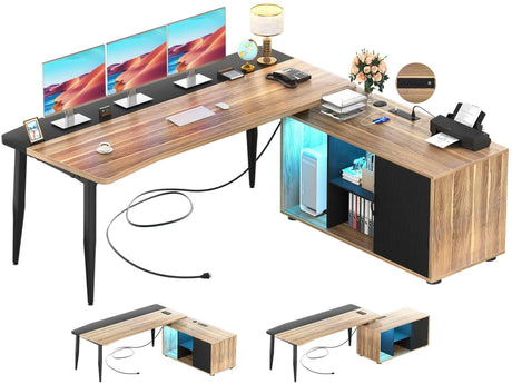 Unikito 55inch Computer Desk with Cabinet, Large L Desk with LED and Charging Station, Home Office Desk with Door and Storage, Office Desk with Power Outlet, Gaming Desk PC Table