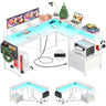 Unikito L Shaped Desk with Power Outlet and LED Strip, Reversible L Shaped Computer Desk with File Drawer, Corner Desk for Gaming Writing, Home Office Desk with Monitor Shelf