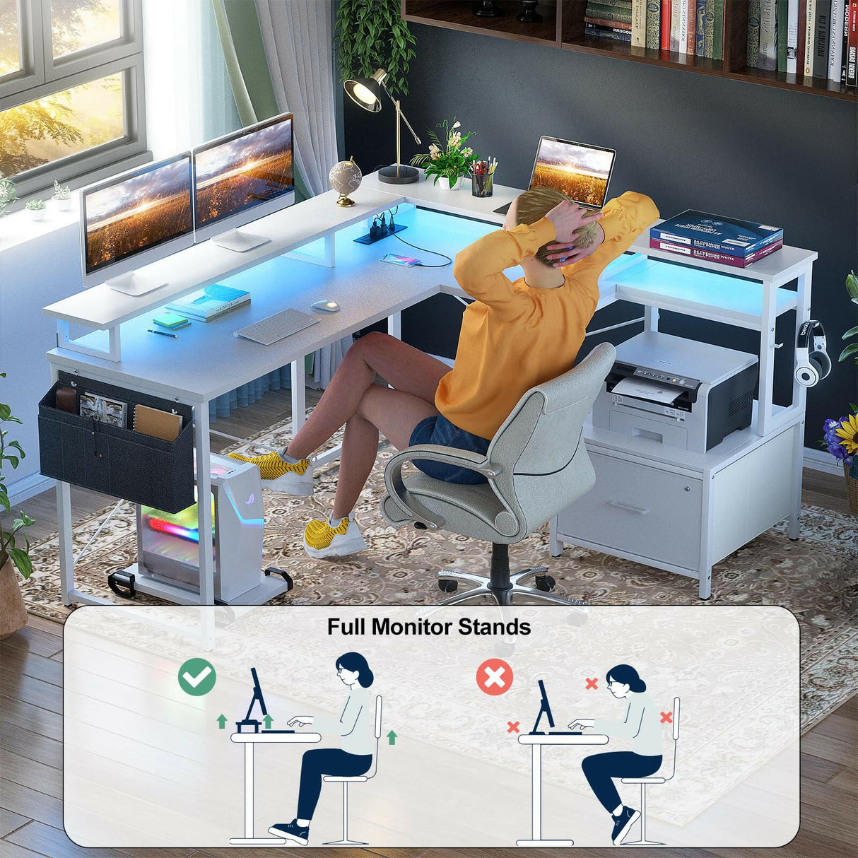 Unikito L Shaped Desk with Power Outlet and LED Strip, Reversible L Shaped Computer Desk with File Drawer, Corner Desk for Gaming Writing, Home Office Desk with Monitor Shelf