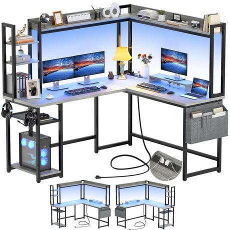 Unikito L Shaped Desk with Power Outlet, L Shaped Gaming Desk with Led Light & Hutch, Reversible Home Office Desk, Corner Computer Desk Writing Desk with Monitor Stand & Storage Shelves