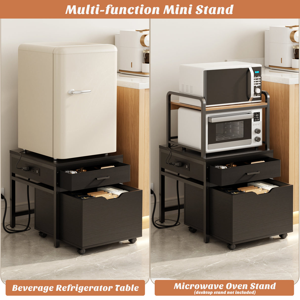 Mini Fridge Stand with Power Strip & Drawer Basket for Dorm, Apartment, Office, and Bedroom, Holds 300 LBS