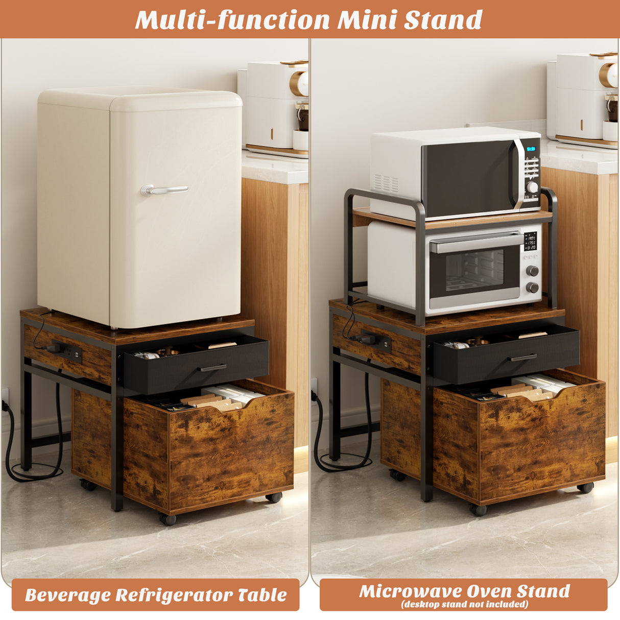 Mini Fridge Stand with Power Strip & Drawer Basket for Dorm, Apartment, Office, and Bedroom, Holds 300 LBS