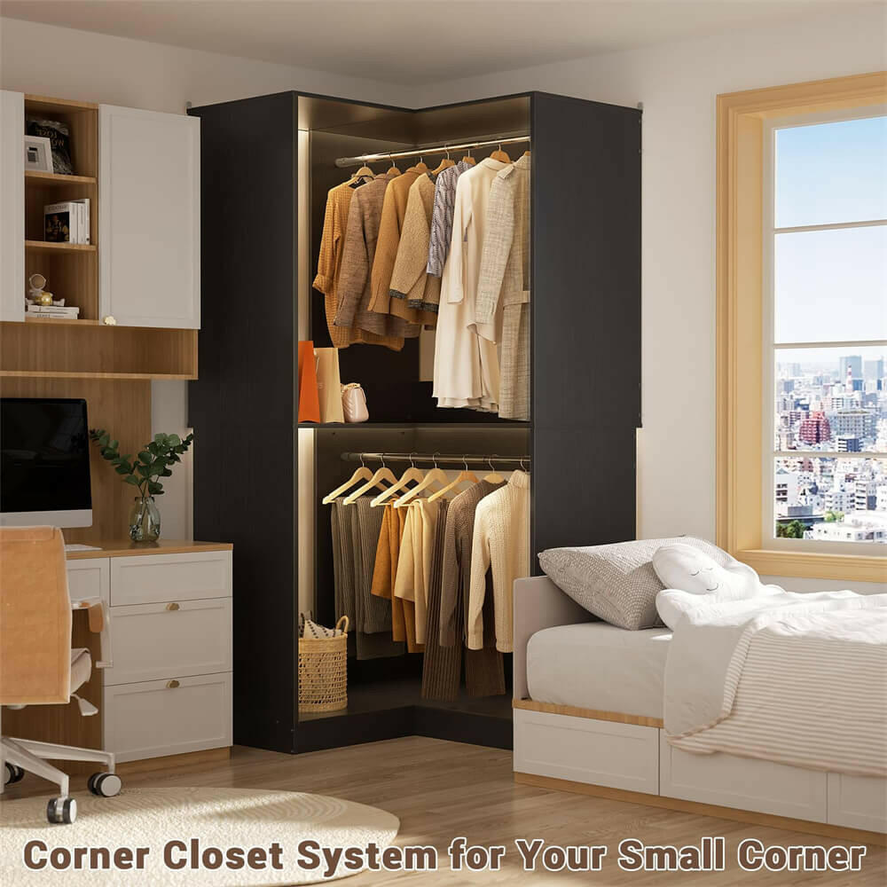 Unikito Corner Closet System, 32 Inches Wide Wood Corner Unit with 2 Hanging Rods and All Hardware Kits, 3-Tier 80'' Height Corner Wood Closet Tower