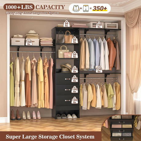Unikito 96 Inches Closet System, 8FT Walk In Closet Organizer with 3 Shelving Towers, Heavy Duty Clothes Rack with 3 Drawers, Built-In Garment Rack, 96"L x 16"W x 75"H, Load 1000 LBS