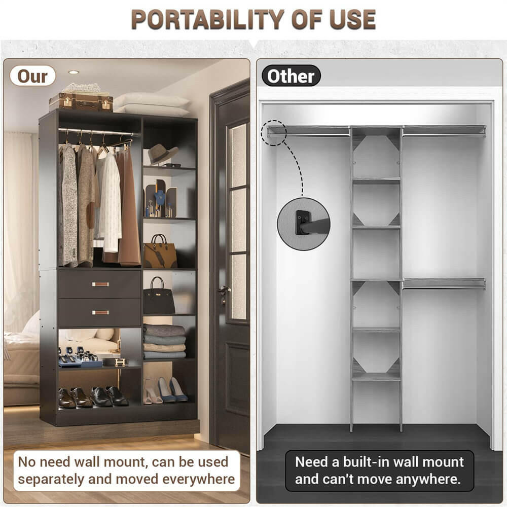 Unikito Freestanding Closet System, 40 Inches Stand-Alone Wardrobe with 10 Shelves, 80'' Height Adjustable Cloth Garment Rack with 2 Wood Drawers, Wood Walk-in Closet with Hanging Rod, White