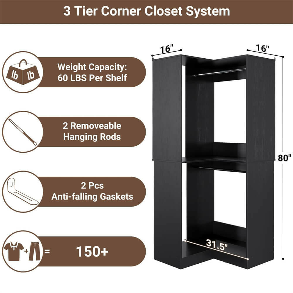 Unikito Corner Closet System, 32 Inches Wide Wood Corner Unit with 2 Hanging Rods and All Hardware Kits, 3-Tier 80'' Height Corner Wood Closet Tower