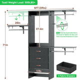 Unikito 5FT Small Closet System with 3 Fabric Drawers, 60 Inches Walk In Closet Organizer System With 3 Adjustable Shelves, Heavy Duty Clothes Rack Built-In Garment Rack