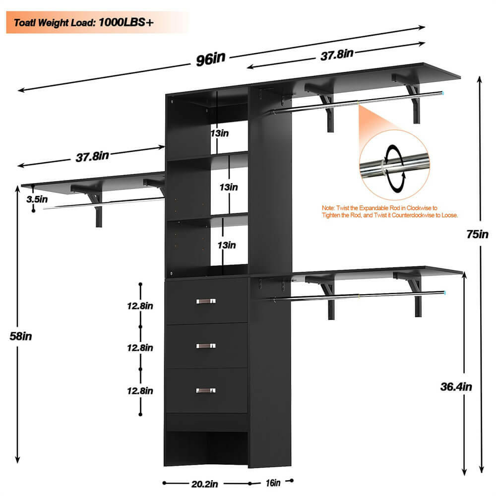 Unikito 96 Inches Closet System, 8FT Walk In Closet Organizer with 3 Shelving Towers, Heavy Duty Clothes Rack with 3 Drawers, Built-In Garment Rack, 96"L x 16"W x 75"H, Load 1000 LBS