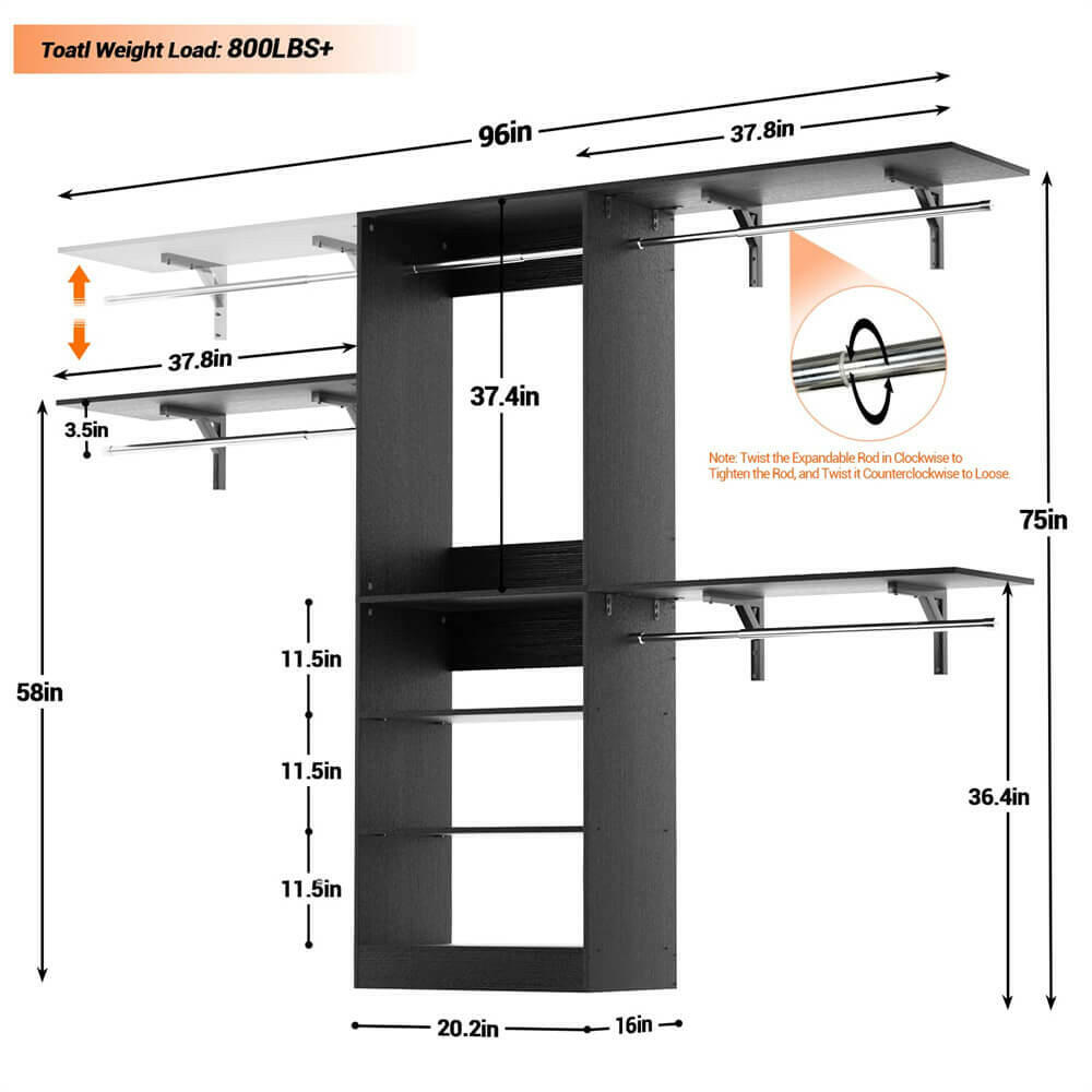 Unikito 96'' Closet System, 8FT Walk In Closet Organizer with 3 Shelving Towers, Heavy Duty Bedroom Wardrobe with 5 Shelves, Wall Mounted Clothes Rack (Can Be Cut To Fit), 96"L x 16"W x 75"H