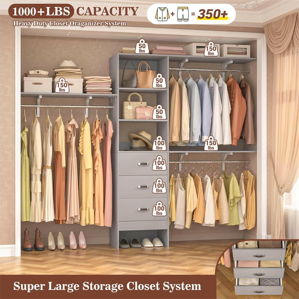 Unikito 96 Inches Closet System, 8FT Walk In Closet Organizer with 3 Shelving Towers, Heavy Duty Clothes Rack with 3 Drawers, Built-In Garment Rack, 96"L x 16"W x 75"H, Load 1000 LBS