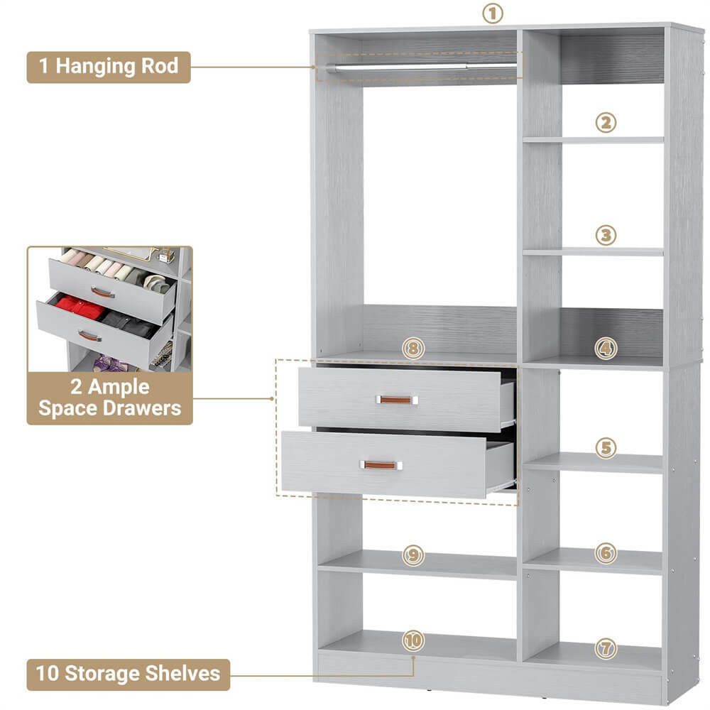 Unikito Freestanding Closet System, 40 Inches Stand-Alone Wardrobe with 10 Shelves, 80'' Height Adjustable Cloth Garment Rack with 2 Wood Drawers, Wood Walk-in Closet with Hanging Rod, White