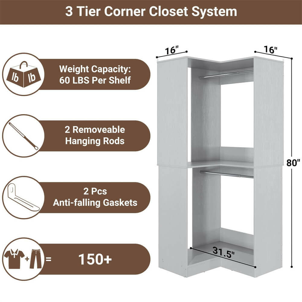 Unikito Corner Closet System, 32 Inches Wide Wood Corner Unit with 2 Hanging Rods and All Hardware Kits, 3-Tier 80'' Height Corner Wood Closet Tower