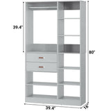 Unikito Freestanding Closet System, 40 Inches Stand-Alone Wardrobe with 10 Shelves, 80'' Height Adjustable Cloth Garment Rack with 2 Wood Drawers, Wood Walk-in Closet with Hanging Rod, White