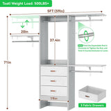 Unikito 5FT Small Closet System with 3 Fabric Drawers, 60 Inches Walk In Closet Organizer System With 3 Adjustable Shelves, Heavy Duty Clothes Rack Built-In Garment Rack