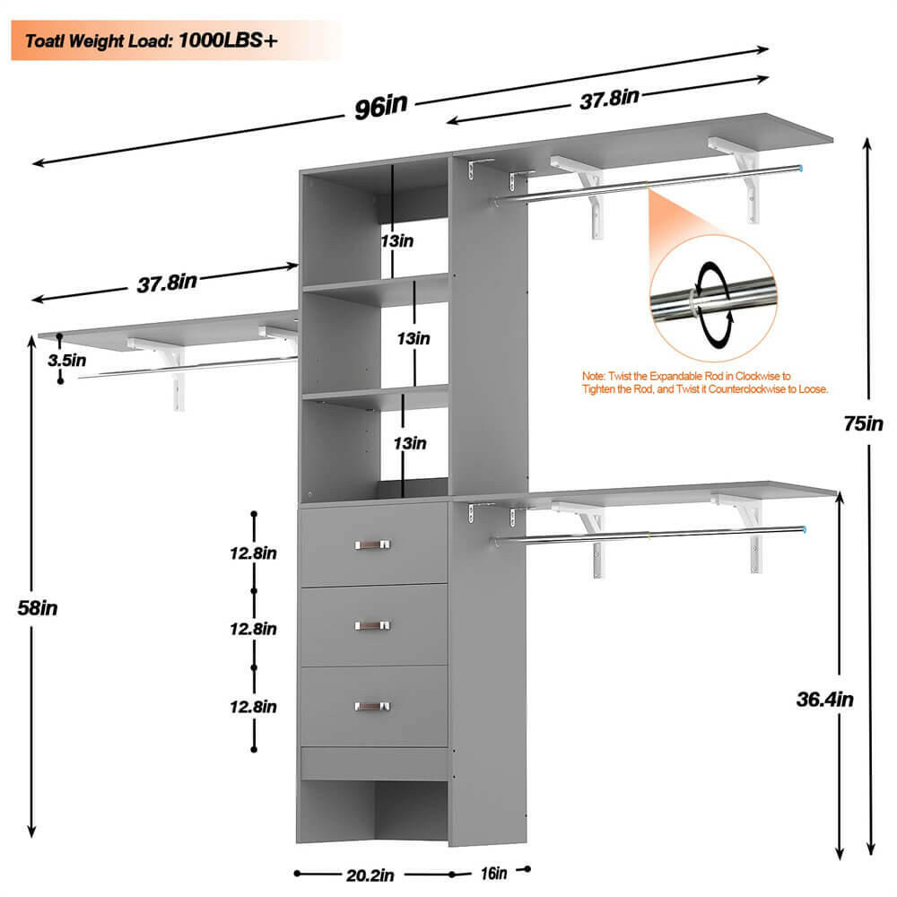 Unikito 96 Inches Closet System, 8FT Walk In Closet Organizer with 3 Shelving Towers, Heavy Duty Clothes Rack with 3 Drawers, Built-In Garment Rack, 96"L x 16"W x 75"H, Load 1000 LBS