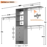 Unikito 96 Inches Closet System, 8FT Walk In Closet Organizer with 3 Shelving Towers, Heavy Duty Clothes Rack with 3 Drawers, Built-In Garment Rack, 96"L x 16"W x 75"H, Load 1000 LBS