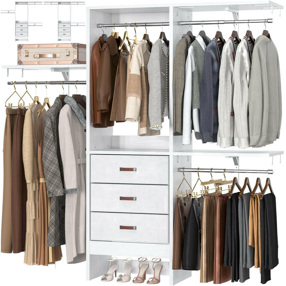 Unikito 5FT Small Closet System with 3 Fabric Drawers, 60 Inches Walk In Closet Organizer System With 3 Adjustable Shelves, Heavy Duty Clothes Rack Built-In Garment Rack