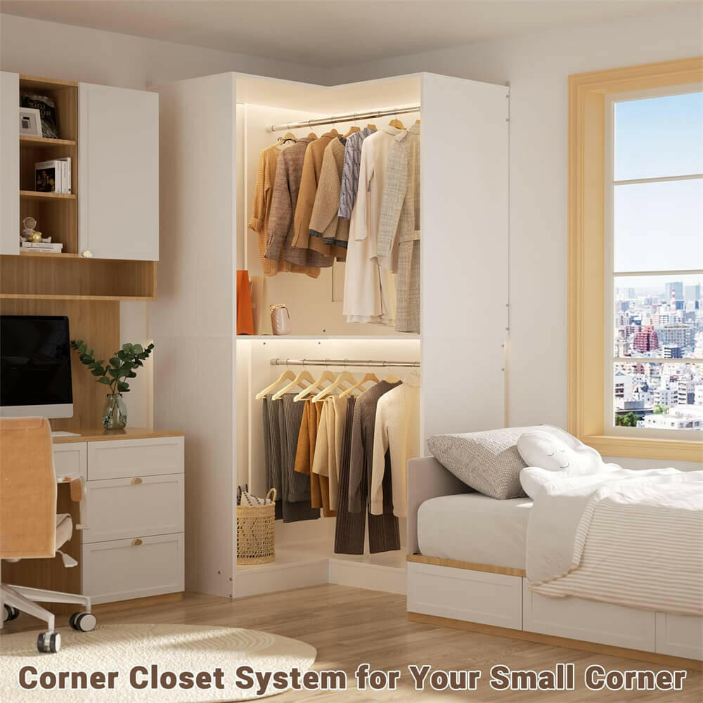 Unikito Corner Closet System, 32 Inches Wide Wood Corner Unit with 2 Hanging Rods and All Hardware Kits, 3-Tier 80'' Height Corner Wood Closet Tower