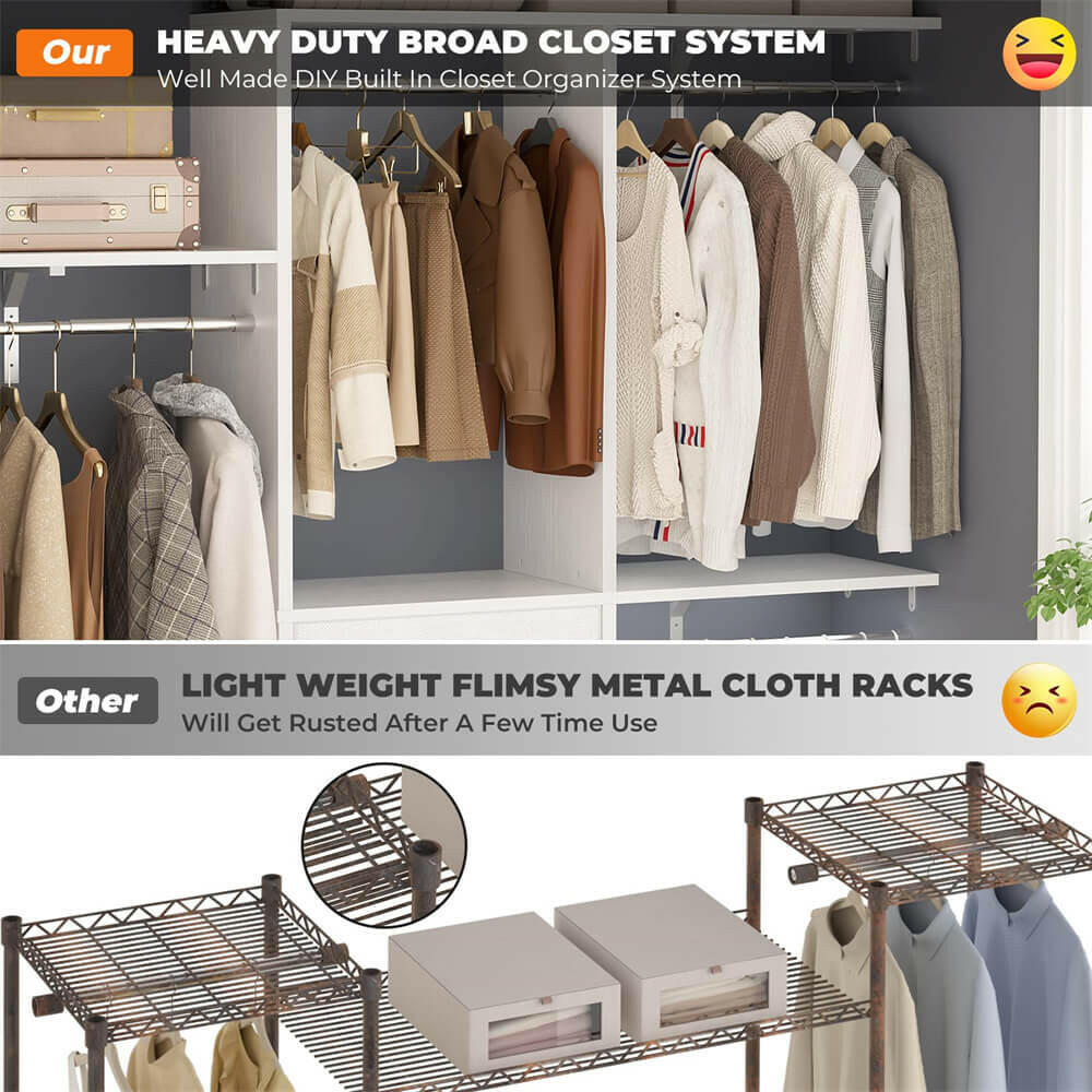 Unikito 5FT Small Closet System with 3 Fabric Drawers, 60 Inches Walk In Closet Organizer System With 3 Adjustable Shelves, Heavy Duty Clothes Rack Built-In Garment Rack