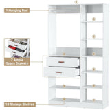 Unikito Freestanding Closet System, 40 Inches Stand-Alone Wardrobe with 10 Shelves, 80'' Height Adjustable Cloth Garment Rack with 2 Wood Drawers, Wood Walk-in Closet with Hanging Rod, White