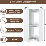 Unikito Corner Closet System, 32 Inches Wide Wood Corner Unit with 2 Hanging Rods and All Hardware Kits, 3-Tier 80'' Height Corner Wood Closet Tower