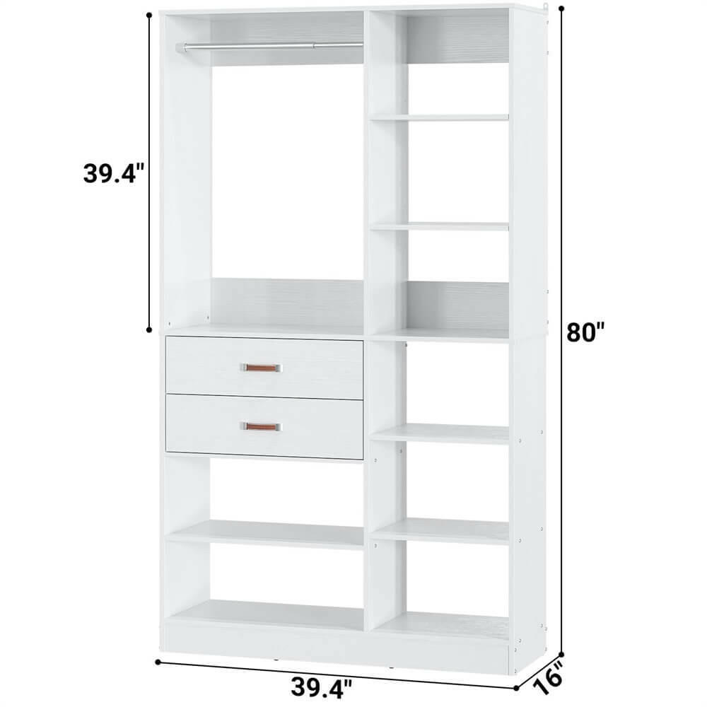 Unikito Freestanding Closet System, 40 Inches Stand-Alone Wardrobe with 10 Shelves, 80'' Height Adjustable Cloth Garment Rack with 2 Wood Drawers, Wood Walk-in Closet with Hanging Rod, White