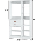 Unikito Freestanding Closet System, 40 Inches Stand-Alone Wardrobe with 10 Shelves, 80'' Height Adjustable Cloth Garment Rack with 2 Wood Drawers, Wood Walk-in Closet with Hanging Rod, White