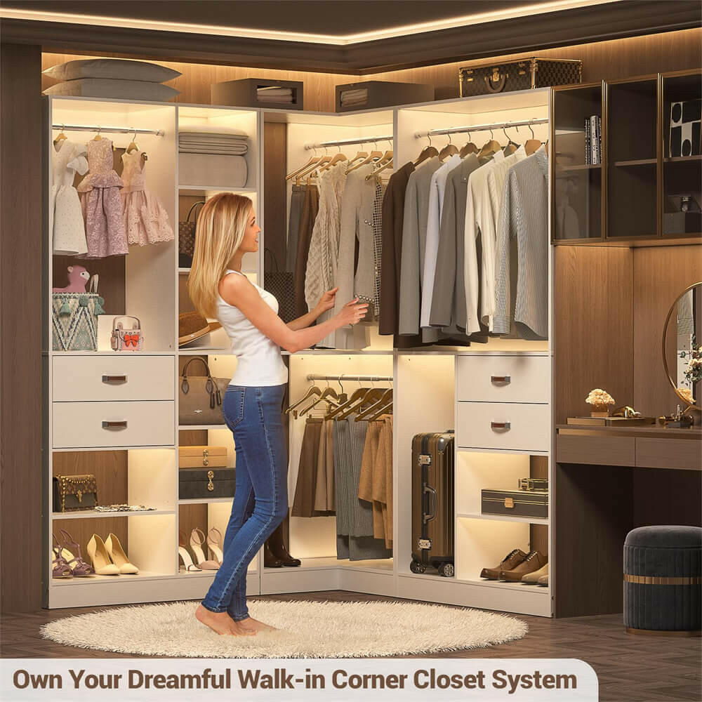 Unikito Corner Closet System, 32 Inches Wide Wood Corner Unit with 2 Hanging Rods and All Hardware Kits, 3-Tier 80'' Height Corner Wood Closet Tower