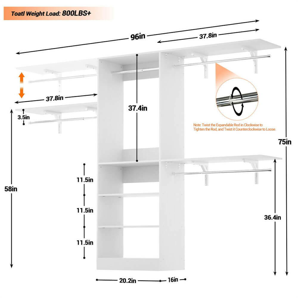 Unikito 96'' Closet System, 8FT Walk In Closet Organizer with 3 Shelving Towers, Heavy Duty Bedroom Wardrobe with 5 Shelves, Wall Mounted Clothes Rack (Can Be Cut To Fit), 96"L x 16"W x 75"H