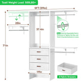 Unikito 5FT Small Closet System with 3 Fabric Drawers, 60 Inches Walk In Closet Organizer System With 3 Adjustable Shelves, Heavy Duty Clothes Rack Built-In Garment Rack