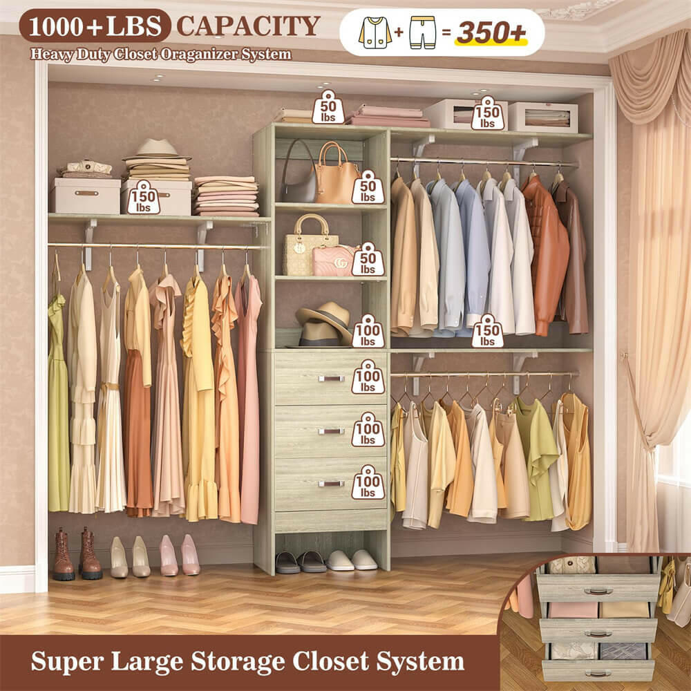 Unikito 96 Inches Closet System, 8FT Walk In Closet Organizer with 3 Shelving Towers, Heavy Duty Clothes Rack with 3 Drawers, Built-In Garment Rack, 96"L x 16"W x 75"H, Load 1000 LBS