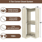 Unikito Corner Closet System, 32 Inches Wide Wood Corner Unit with 2 Hanging Rods and All Hardware Kits, 3-Tier 80'' Height Corner Wood Closet Tower