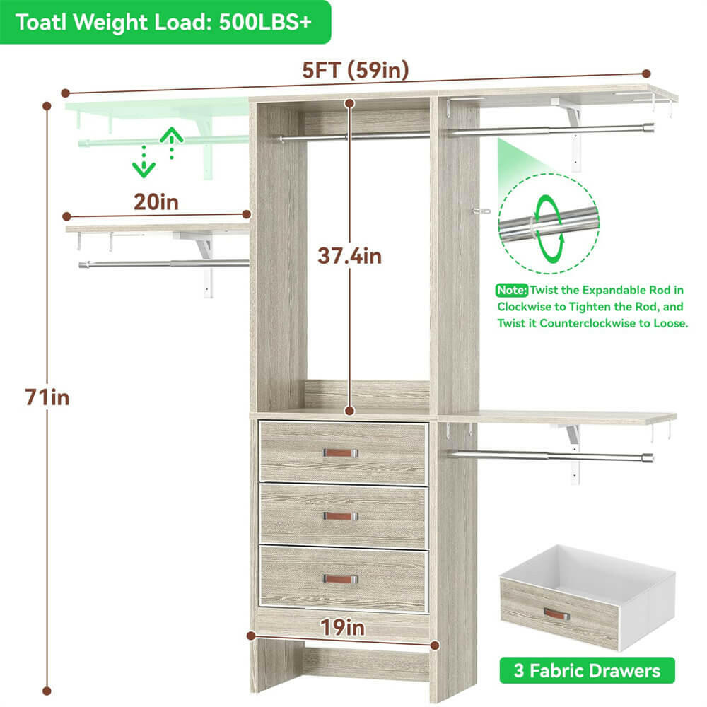 Unikito 5FT Small Closet System with 3 Fabric Drawers, 60 Inches Walk In Closet Organizer System With 3 Adjustable Shelves, Heavy Duty Clothes Rack Built-In Garment Rack