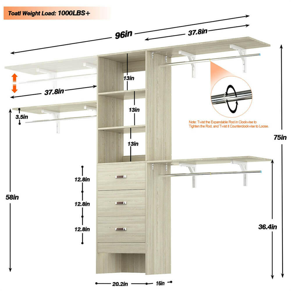 Unikito 96 Inches Closet System, 8FT Walk In Closet Organizer with 3 Shelving Towers, Heavy Duty Clothes Rack with 3 Drawers, Built-In Garment Rack, 96"L x 16"W x 75"H, Load 1000 LBS