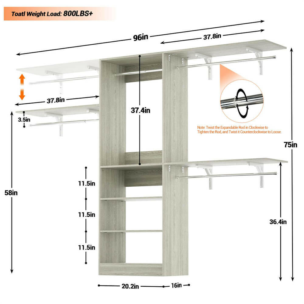 Unikito 96'' Closet System, 8FT Walk In Closet Organizer with 3 Shelving Towers, Heavy Duty Bedroom Wardrobe with 5 Shelves, Wall Mounted Clothes Rack (Can Be Cut To Fit), 96"L x 16"W x 75"H