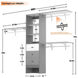 Unikito 96 Inches Closet System, 8FT Walk In Closet Organizer with 3 Shelving Towers, Heavy Duty Clothes Rack with 3 Drawers, Built-In Garment Rack, 96"L x 16"W x 75"H, Load 1000 LBS