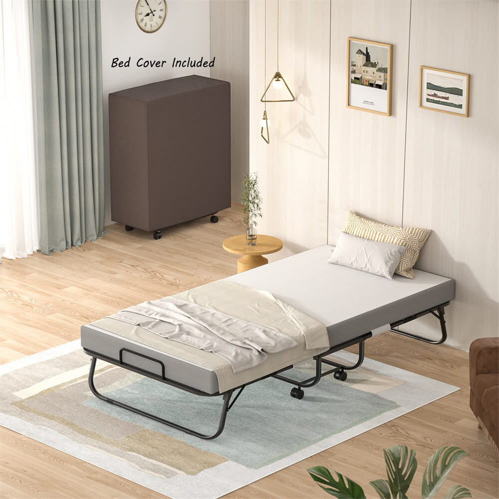 Unikito 31 Inch Folding Bed with Mattress, Portable Foldable Bed with Storage Cover, Rollaway Bed for Adults with Memory Foam Mattress and Metal Frame, Cot Size Guest Bed on Wheels