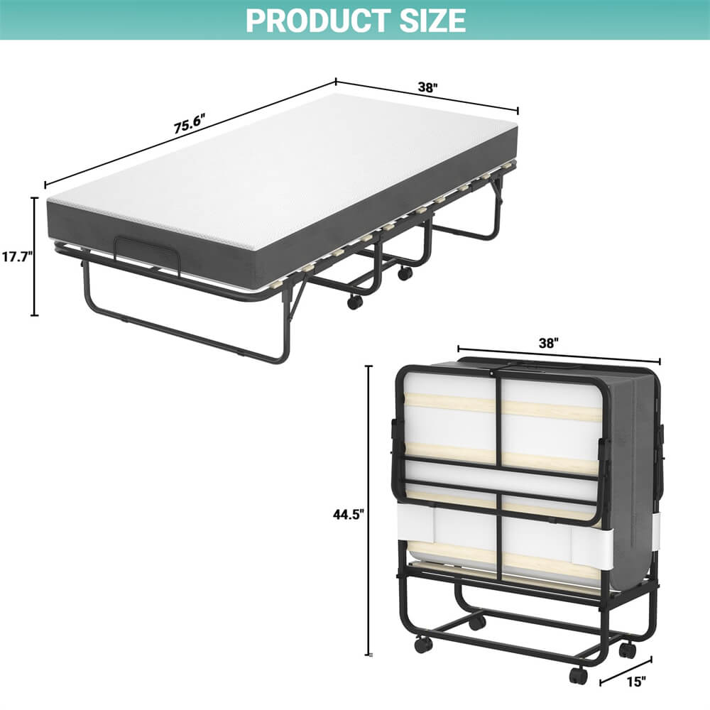 Unikito Folding Bed with Mattress, 75” x 38” Rollaway Bed for Adults, Portable Sturdy Folded Guest Bed on Wheels, Space Saving Foldable Bed with 5” Memory Foam Mattress, Cot Size Bed for Easy Storage