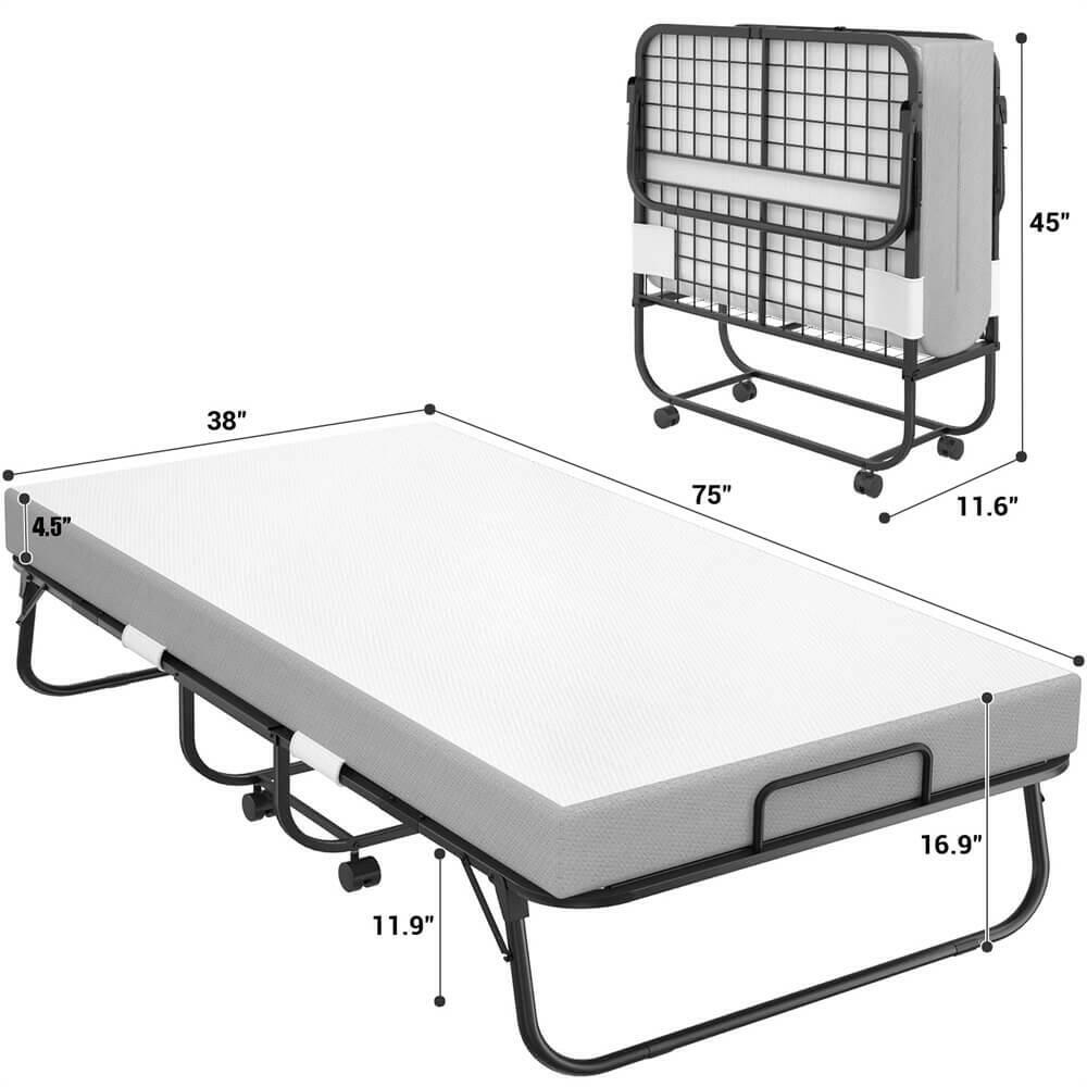 Unikito 38'' Folding Bed with Mattress, Portable Foldable Bed with Storage Cover, Rollaway Bed for Adults with Memory Foam Mattress and Metal Frame, Cot Size Extra Guest Bed on Wheels