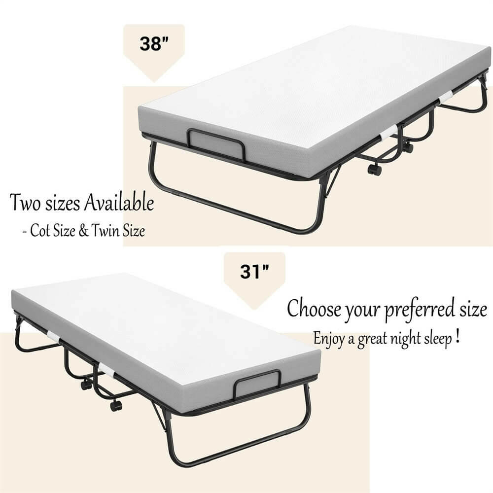 Unikito 38'' Folding Bed with Mattress, Portable Foldable Bed with Storage Cover, Rollaway Bed for Adults with Memory Foam Mattress and Metal Frame, Cot Size Extra Guest Bed on Wheels