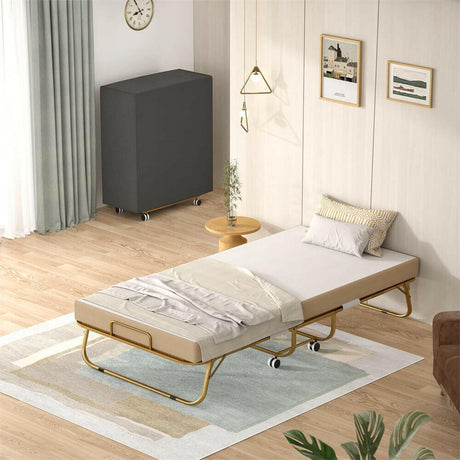 Unikito 38'' Folding Bed with Mattress, Portable Foldable Bed with Storage Cover, Rollaway Bed for Adults with Memory Foam Mattress and Metal Frame, Cot Size Extra Guest Bed on Wheels