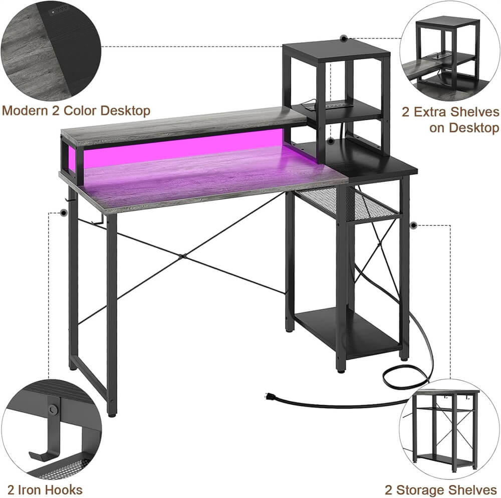 Unikito Computer Desk with LED Strip and Monitor Stand, Ergonomic Gaming Desk with Power Outlet and USB Ports, Reversible Small Desk Office Desk Writing Desk with Storage Shelf