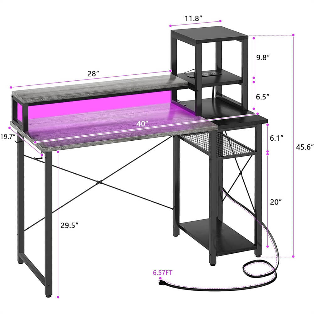 Unikito Computer Desk with LED Strip and Monitor Stand, Ergonomic Gaming Desk with Power Outlet and USB Ports, Reversible Small Desk Office Desk Writing Desk with Storage Shelf