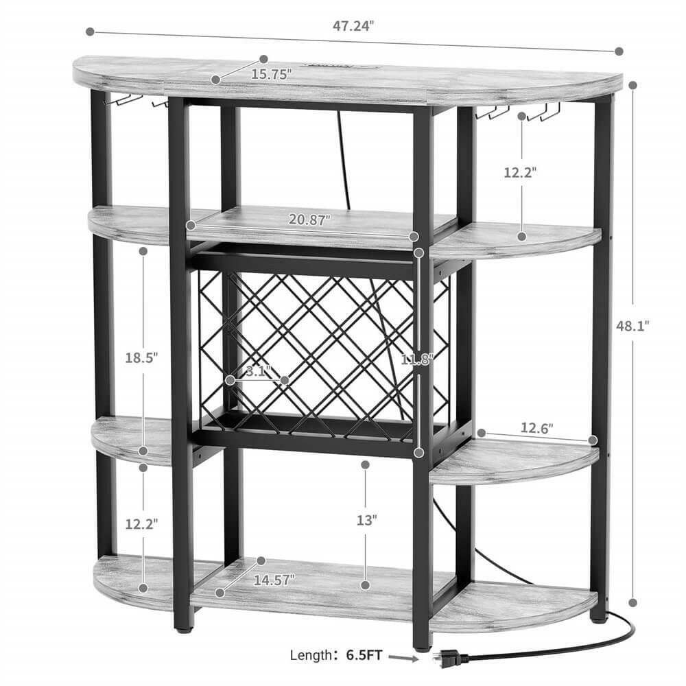 Unikito Freestanding Wine Bar Table with Outlet and Two LED Light, Floor Wine Rack with Glass Holder, Home Bar Stand with Wine Storage, Industrial Wine Bar Cabinet for Kitchen, Dining Room